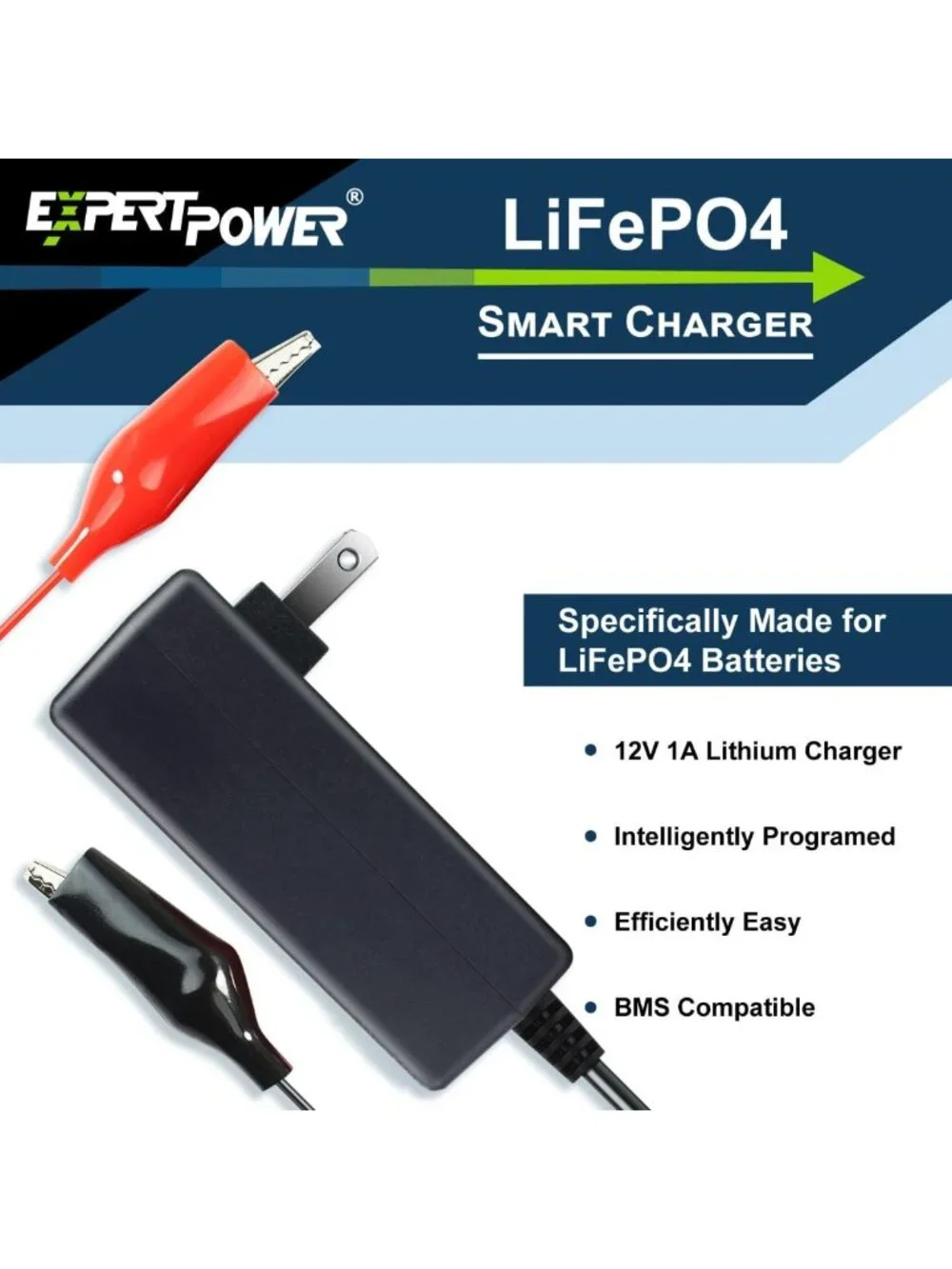 Smart 12V 1A Lithium Charger for Deep Cycle Batteries | DC 5521 & Alligator